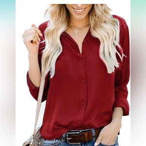 ZC&GF Women's Long Sleeve Blouses Button Down Shirt Tops Red Wine. Women’s Large